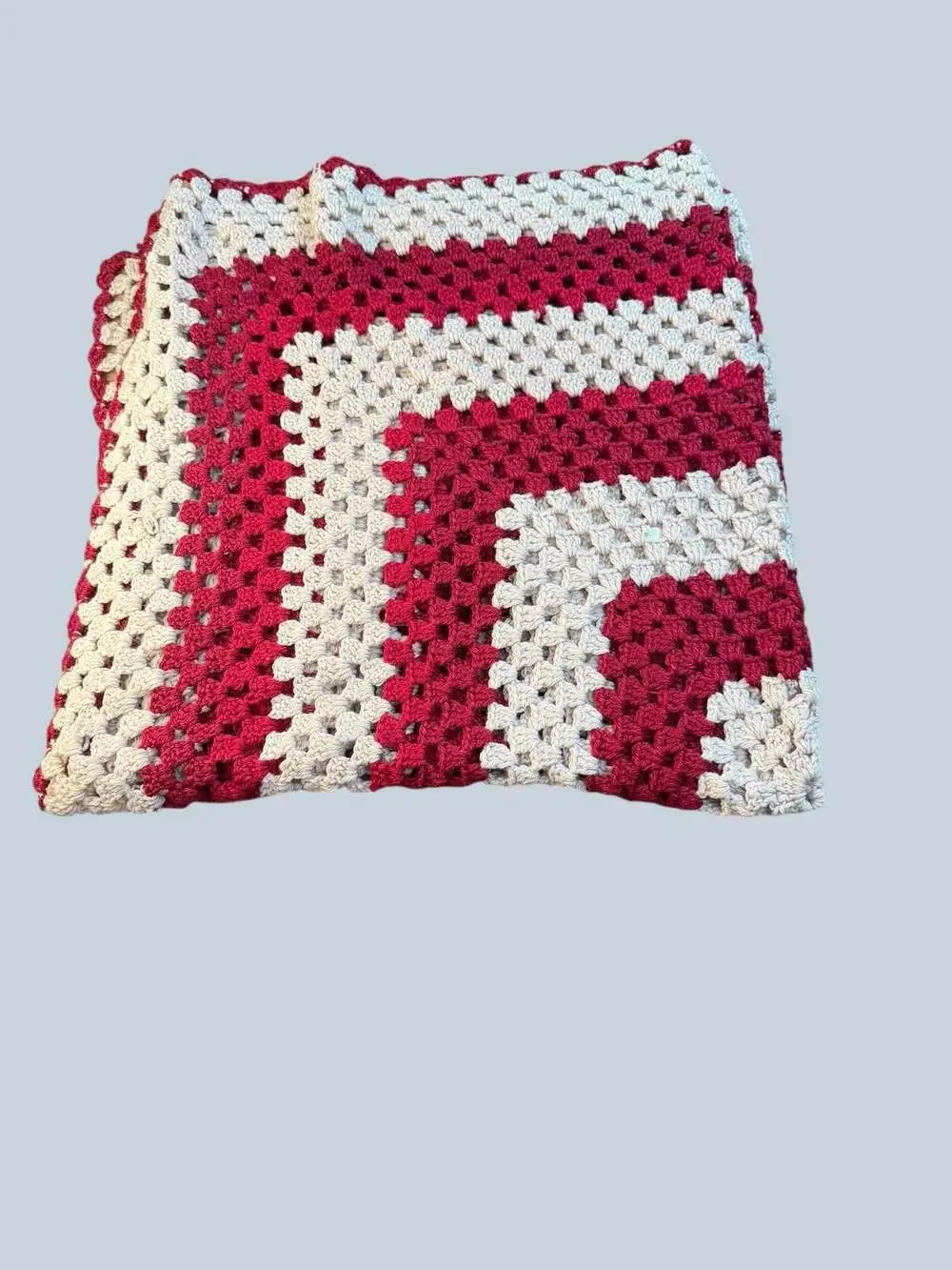 Vintage Maroon and Cream Granny Square Crochet Afghan Throw Blanket
